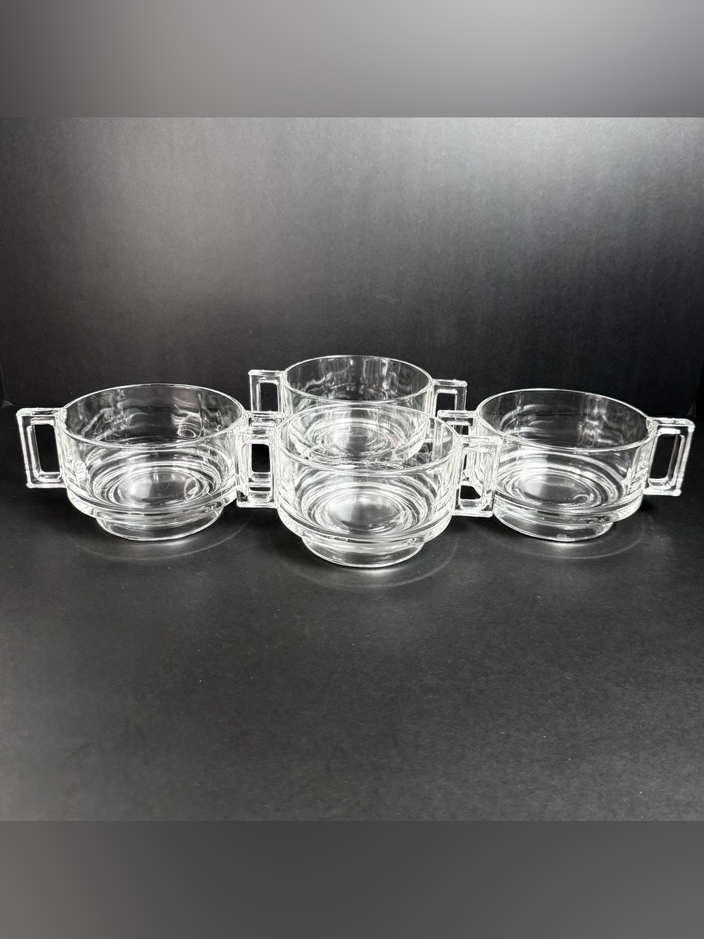 Vintage Joe Colombo Arno Glass Soup Bowls(4) Double Square Handles Made in Italy